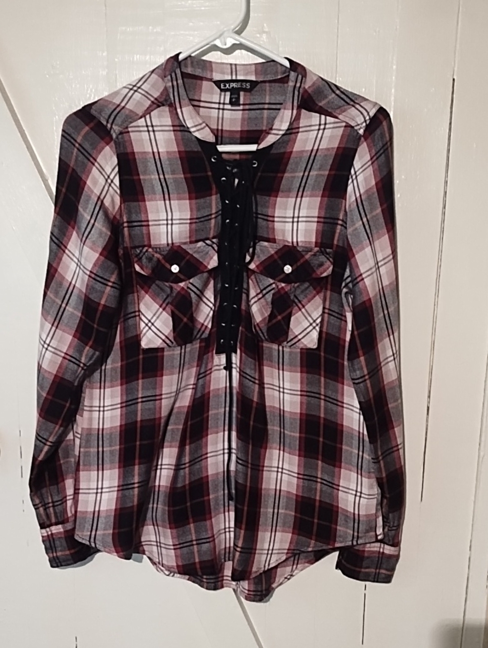 Express Black and Red Plaid Lace-Up Long Sleeve Top Small VGC Vintage Style.